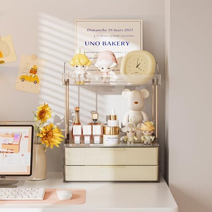 Delamu 4-Tier Makeup Organizer, Bathroom Counter, 2 Drawers,Cream White