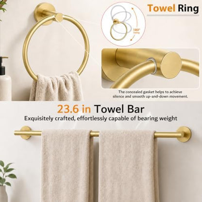5 Pieces Bathroom Hardware Accessories Set Brushed Gold, 24Inch Bathroom Towel Rack Set SUS304 Stainless Steel, Round Toilet Paper Holder with Shelf Heavy Duty, Wall Mounted