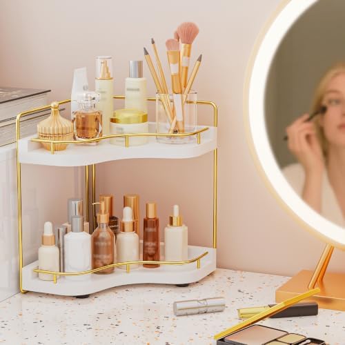 2-Tier Corner Bathroom Counter Organizer, Larger, White Gold