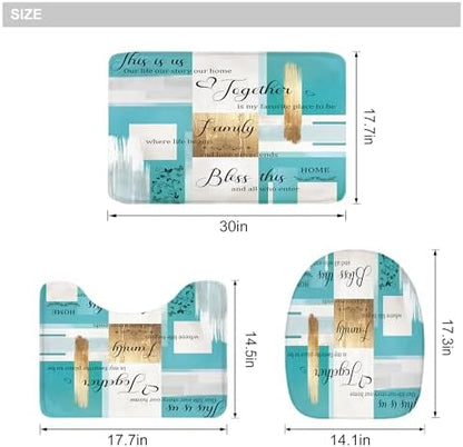 Teal Turquoise Aqua Gold Oil 4Pcs Bathroom Shower Curtain Set with Rugs