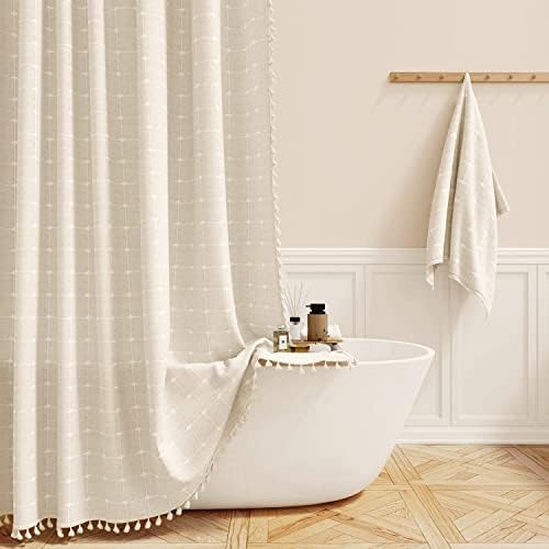 BTTN 72x90 Boho Farmhouse Linen Heavy Duty Shower Curtain Set, Cream/Beige