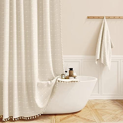 BTTN 72x90 Boho Farmhouse Linen Heavy Duty Shower Curtain Set, Cream/Beige