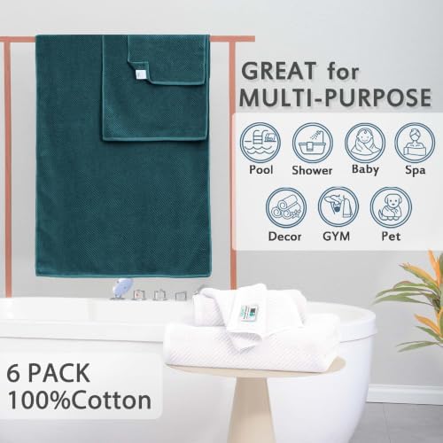 VOOVA & MOVAS 6PC Towel Set, 100% Cotton, Deep Turquoise White