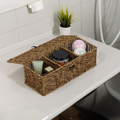 Waterproof Wicker Storage Basket with Lid and Dividers, Brown
