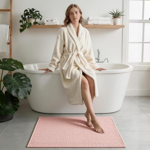 Triohero Bathroom Rugs Non Slip Washable, Super Absorbent Thin Bath Mat Small Quick Dry Low Pile Bathroom Rug, Pink 16"x24"