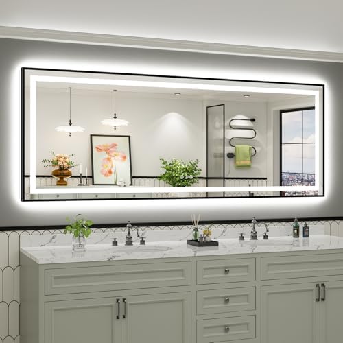 96x36 Inch LED Bathroom Mirror with Black Frame, Backlit & Front Lit