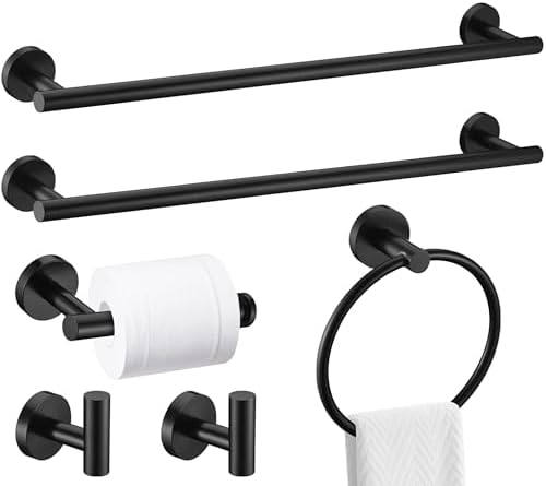 6 Pieces Matte Black Bathroom Hardware Accessories Set, SUS304 Stainless Steel 24 Inch Bath Towel Bar Set, Round Bathroom Towel Holder Set, Towel Racks for Bathroom Wall Mounted