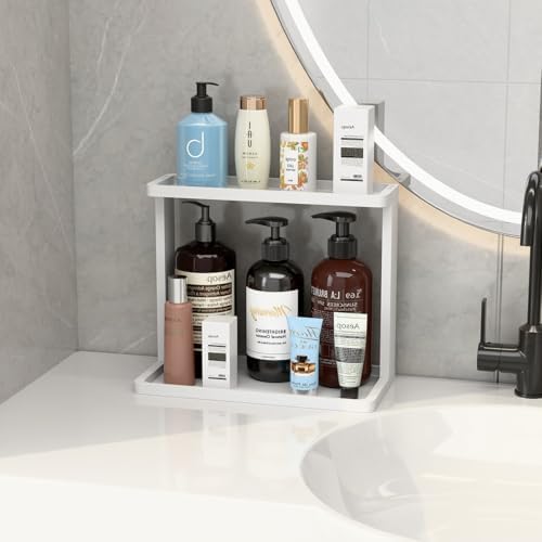 PEKER Bamboo Bathroom Organizer Countertop – Small Vanity Storage Shelf for Makeup, Perfume, Skincare – Natural Cosmetics Display Rack for Dresser, Sink, Kitchen –White