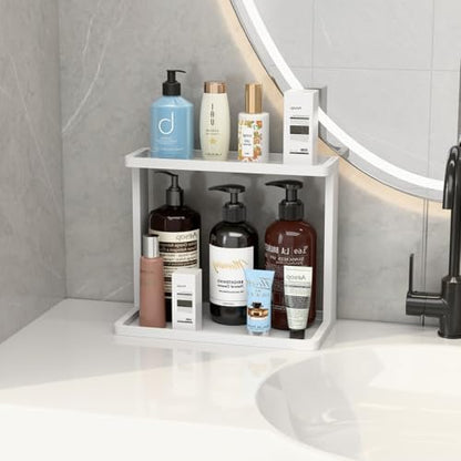 PEKER Bamboo Bathroom Organizer Countertop – Small Vanity Storage Shelf for Makeup, Perfume, Skincare – Natural Cosmetics Display Rack for Dresser, Sink, Kitchen –White