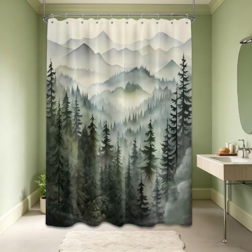Sage Green Forest Shower Curtain, 60X72 in, Mountain Rustic Pine Tree