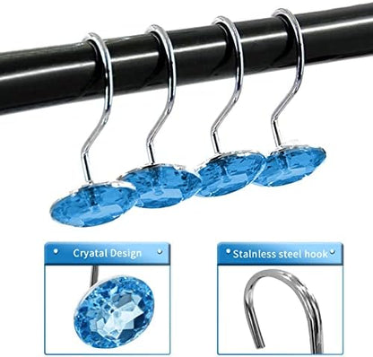 Crystal Diamond Round Shower Curtain Hooks Rings for Bathroom,Blue,12PCS