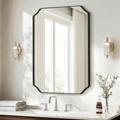Delma Bathroom Vanity Mirror, Black Framed Aluminum Bathroom Mirror for Over Sink, Scalloped Round Corner Wall Mirror, High-Definition Vanity Mirror, Hangs Horizontally or Vertically (36x24,Black)