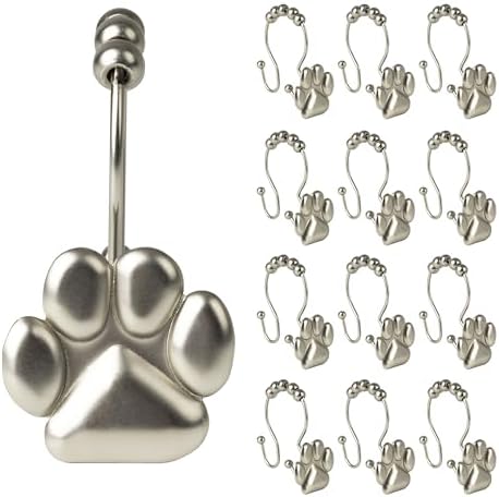 Sunlit Fashion Design Cute Paw Print Polished Double Shower Curtain Hooks for Dog Cat and Bear, Rust Proof Oil Rubbed Metal Shower Curtain Rings-12 Pack
