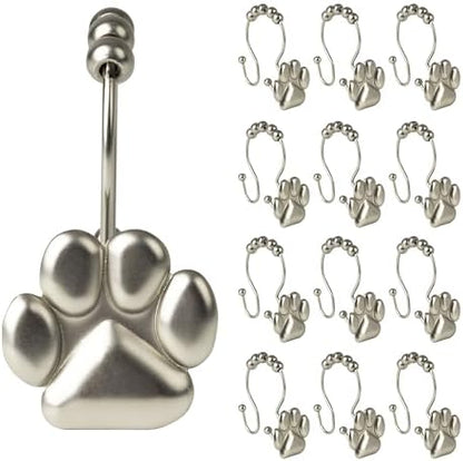 Sunlit Fashion Design Cute Paw Print Polished Double Shower Curtain Hooks for Dog Cat and Bear, Rust Proof Oil Rubbed Metal Shower Curtain Rings-12 Pack