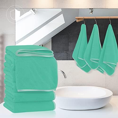 TENSTARS Silk Hemming Hand Towels for Bathroom - Quick Drying - Ultra Soft Microfiber Absorbent Towel for Bath Fitness, Gym, Shower, Hotel, and Spa - 16x28 Inch | Set of 6, Aqua Green