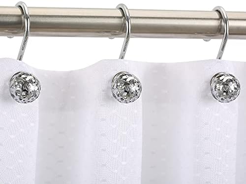 Chictie Silver Shower Curtain Hooks - Oil Rubbed Chrome Decorative Shower Curtain Rings,Set of 12 Bling Metal Rustproof Shower Hangers for Bathroom Curtains Rods Hollow Ball Design