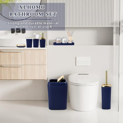 XLHOMO Blue and Gold Bathroom Accessories Set, Bathroom Sets with Shower Curtain, Blue Bathroom Accessories with Trash Can, Soap Dispenser, Soap Dish, Toilet Brush Holder, Qtip Holders for Bathroom