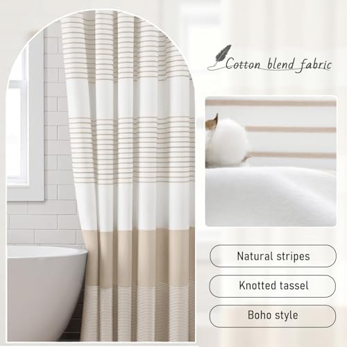 Beige Boho Cotton Striped Shower Curtain with Tassel 72" W X 72" L