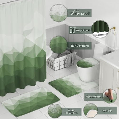 XLHOMO Bathroom Accessory Set - 26PC Bathroom Shower Curtain and Rug Set, Bathroom Accessories Set, Sage Green Bathroom Set with Trash Can, Toilet Brush, Qtip Holder & Soap Dispenser