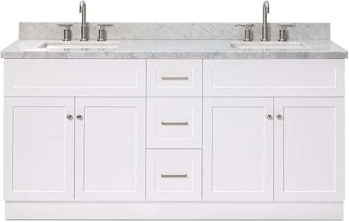 ARIEL Hamlet 72-inch Bathroom Vanity with Sink,Solid Wood, 1.5-inch Italian Carrara Marble Countertop, Double Rectangular Porcelain Sink, 4 Soft Closing Doors, 3 Dovetail Drawers, White