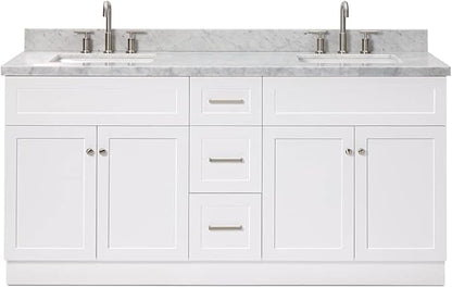 ARIEL Hamlet 72-inch Bathroom Vanity with Sink,Solid Wood, 1.5-inch Italian Carrara Marble Countertop, Double Rectangular Porcelain Sink, 4 Soft Closing Doors, 3 Dovetail Drawers, White