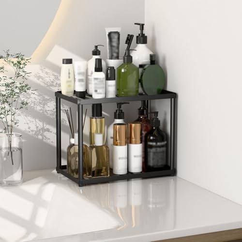 2 Tier Bathroom Counter Organizer, Rectangular Vanity Organizer Shelf, Skincare and Makeup Countertop Storage Rack for Kitchen, Bathroom, Bedroom, Black