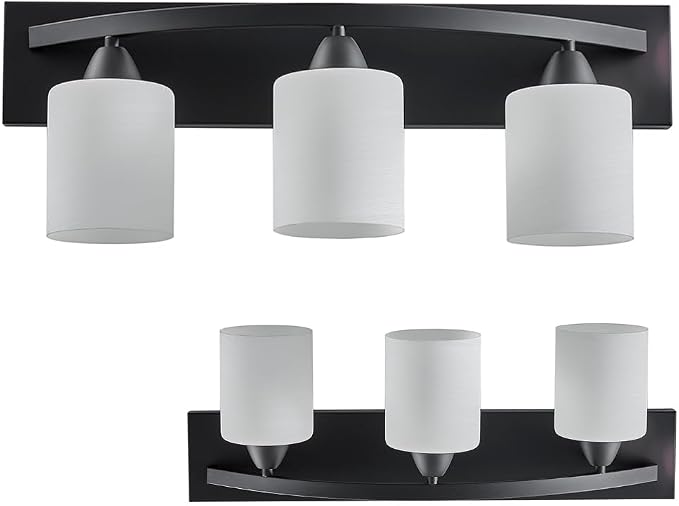 3-Light Bathroom Vanity Bar Light Fixture - Matte Black | Modern Frosted glass shades with E26 socket. Matte Wall sconce lighting perfect over mirror, kitchen, hallway, or entryway