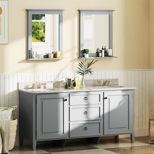 CHARMAID Bathroom Mirror with Shelf - 27" x 22.5" Wall Mirror Over Bathroom Sink, Wooden Frame Modern Rectangular Hanging Vanity Makeup Mirrors for Washroom, Entryway (Gray,27" L x 22.5" W)