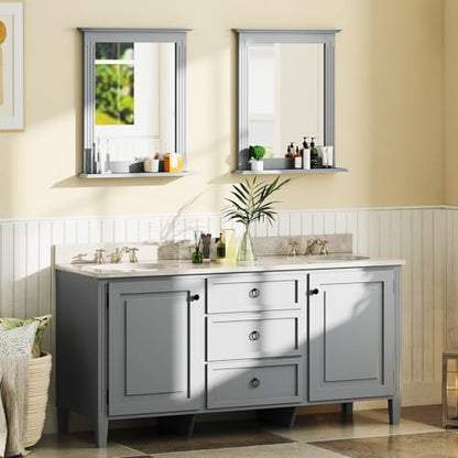 CHARMAID Bathroom Mirror with Shelf - 27" x 22.5" Wall Mirror Over Bathroom Sink, Wooden Frame Modern Rectangular Hanging Vanity Makeup Mirrors for Washroom, Entryway (Gray,27" L x 22.5" W)