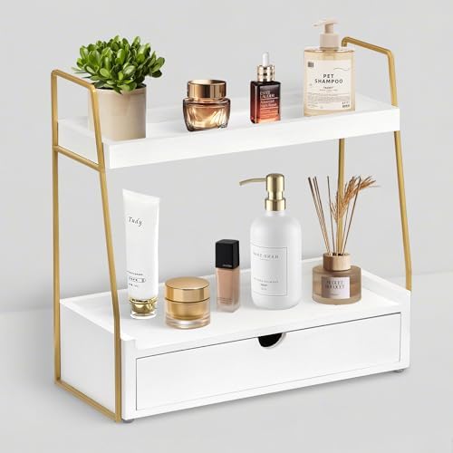 2-Tier Bathroom Countertop Organizer with Drawer, Wood Vanity Shelf White