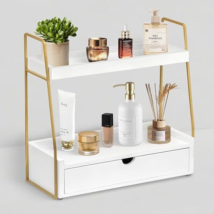 2-Tier Bathroom Countertop Organizer with Drawer, Wood Vanity Shelf White