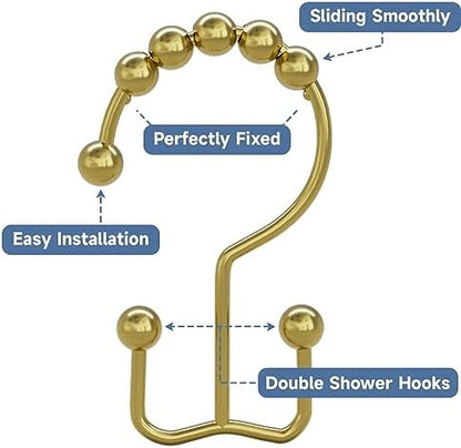 Titanker Gold Shower Curtain Hooks Rings, Rust-Resistant Metal Double Glide Shower Hooks Rings for Bathroom Shower Curtains Rods, Set of 12 Hooks - Light Gold