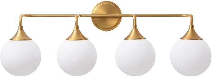 Brushed Gold Bathroom Light Fixtures Over Mirror Vanity 4-Light | Mid Century Modern Brushed Gold Wall Sconce with Milky White Glass Ball Shades for for Bathroom Dressing Table Bedroom