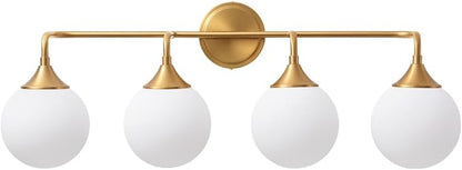 Brushed Gold Bathroom Light Fixtures Over Mirror Vanity 4-Light | Mid Century Modern Brushed Gold Wall Sconce with Milky White Glass Ball Shades for for Bathroom Dressing Table Bedroom
