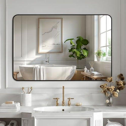 Antok Bathroom Mirror, 48"x32" Wall Mirror, Decorative Mirrors Vanity Mirror Aluminum Alloy Frame Contemporary Rectangular Hanging Mirror for Living Room Bathroom Entryway,Black,Round Corner