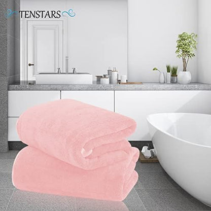 TENSTARS Silk Hemming Bath Towels for Bathroom Clearance - 27 x 55 inches - Light Thin Quick Drying - Soft Microfiber Absorbent Towel for Bath Fitness, Sports, Yoga, Travel, Gym - 2 Pack, Pink