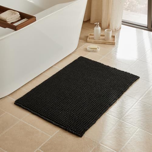 Triohero Black Waffle Bath Mat, Boho Bathroom Rugs Non Slip Washable, 24x36