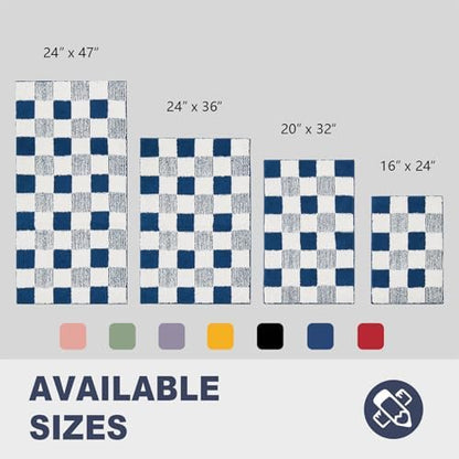 CozeCube Navy Blue Checkered Bath Mat 36"x24" Non Slip Washable Rug