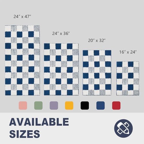 CozeCube Navy Blue Checkered Bath Mat 24"x16" Non Slip Washable Rug