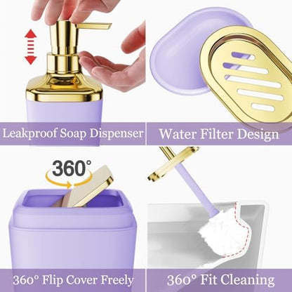 XLHOMO Bathroom Set - Purple and Gold Bathroom Accessories, Bathroom Sets with Shower Curtain and Rugs, Purple Shower Curtain Set with Bathroom Trash Can, Soap Dispenser, Soap Dish for Home Decor