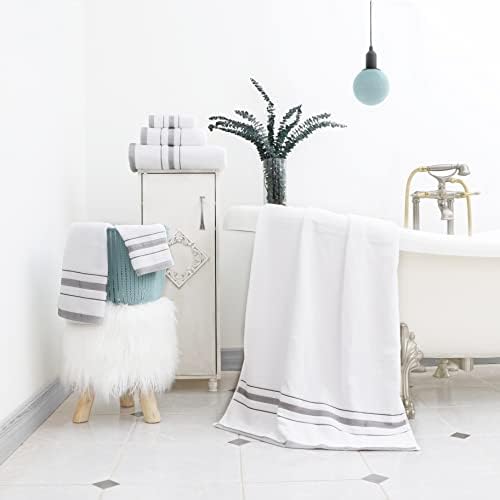 Bath Towels Set for Bathroom – Luxury 6-Piece Cotton Towels, Soft Absorbent & Quick Dry, 600 GSM Bath Towels for Bathroom, Hotel Spa Quality (White/Grey, 6- Bath Towel Set)