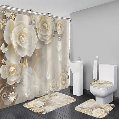 Chrainy 4pcs Beige Flowers Shower Cutain Bathroom Decor Sets with Rugs