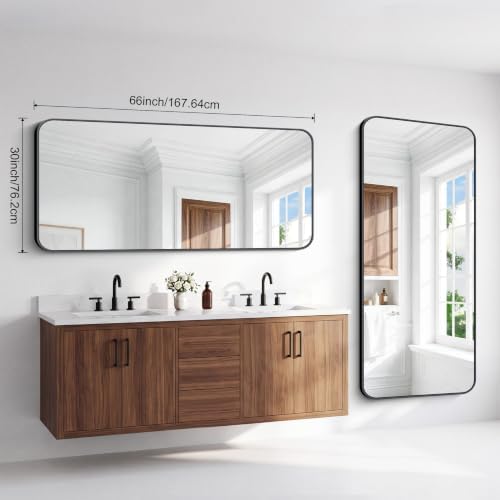 BONEWEI 66x30 inch Large Bathroom Mirror,Black Rectangle Mirror,Wall Mounted Bathroom Frame Vanity Mirror with Round Corner for Bedroom Living Room, Entryway Hangs Horizontal or Vertical