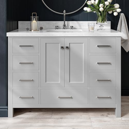 ARIEL Cambridge 48-inch Bathroom Vanity with Sink,Solid Wood, 1.5-inch Italian Carrara Marble Countertop, Single Rectangular Porcelain Sink, 2 Soft Closing Doors, 9 Dovetail Drawers, Grey