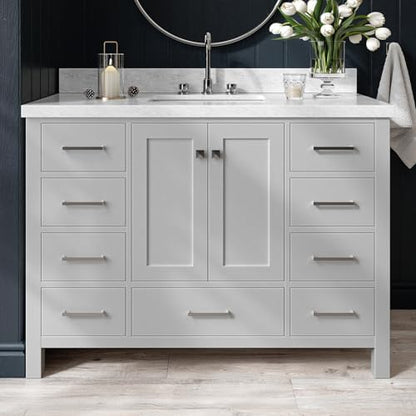 ARIEL Cambridge 48-inch Bathroom Vanity with Sink,Solid Wood, 1.5-inch Italian Carrara Marble Countertop, Single Rectangular Porcelain Sink, 2 Soft Closing Doors, 9 Dovetail Drawers, Grey