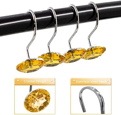 Crystal Diamond Round Shower Curtain Hooks Rings for Bathroom,Gold,12PCS