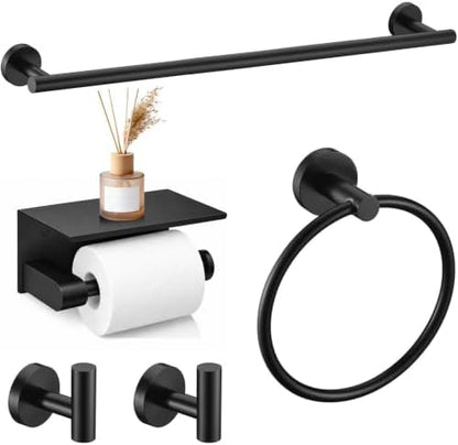 5 Pieces Matte Black Bathroom Hardware Accessories Set,24 Inch SUS304 Stainless Steel Bath Towel Holder Set, Round Bathroom Towel Bar Set, Towel Racks for Bathroom Wall Mounted