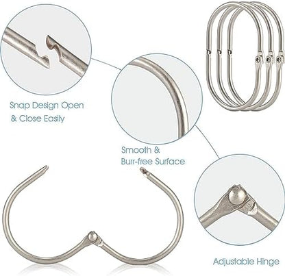 Goowin Shower Curtain Rings, 12 Pcs Shower Curtain Hooks, Oval Snap Shower Rings for Curtain, Metal Shower Curtain Rings Rust Proof, Glide Smoothly Shower Hooks for Shower Curtain Rod (Matte Nickel)