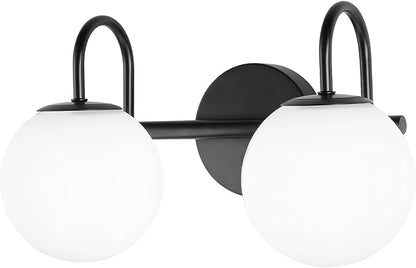 Mid Century Modern Vanity Lights for Bathroom, Black Metal Frame and Milk White Frosted Glass Globe, 2 Lights, Wall Sconce, 7.09"L x 7.09"W x 14.17"H