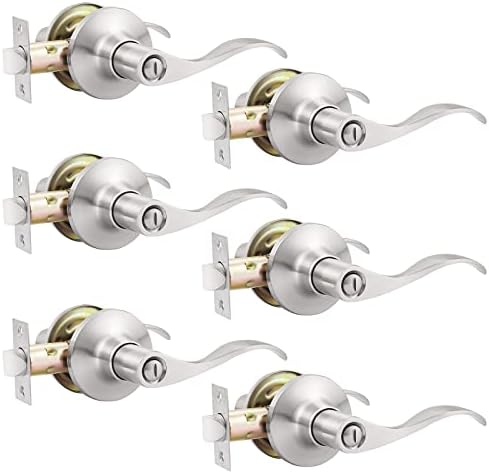 GOBEKOR 6 Pack Privacy Door Levers Interior Door Handles Brushed Nickel Lever Handles Keyless Modern Wave Levers for Bedroom and Bedroom